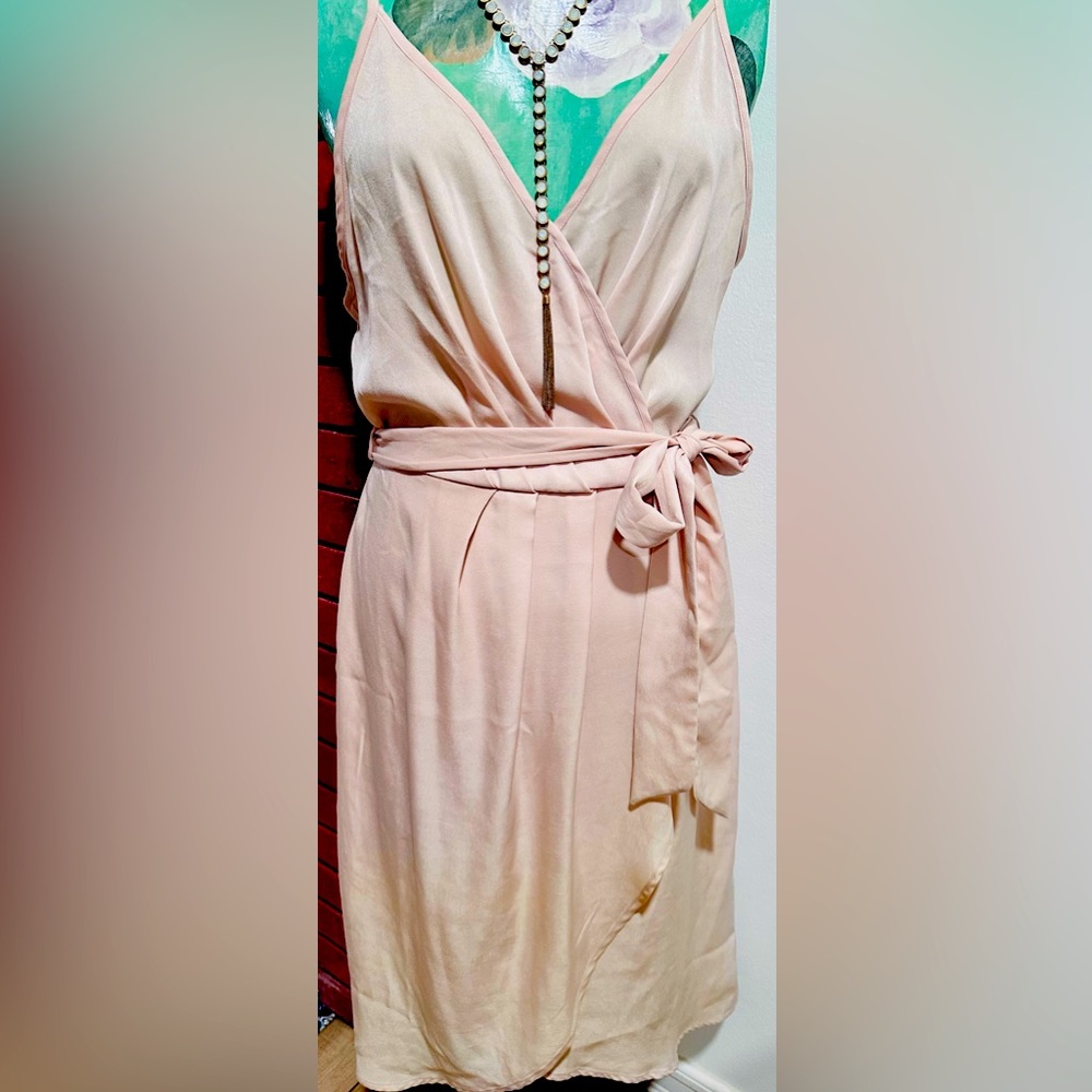 BNWT Sienna Sky Faux Wrap Self Tie Dress in Blush Pink, size Large